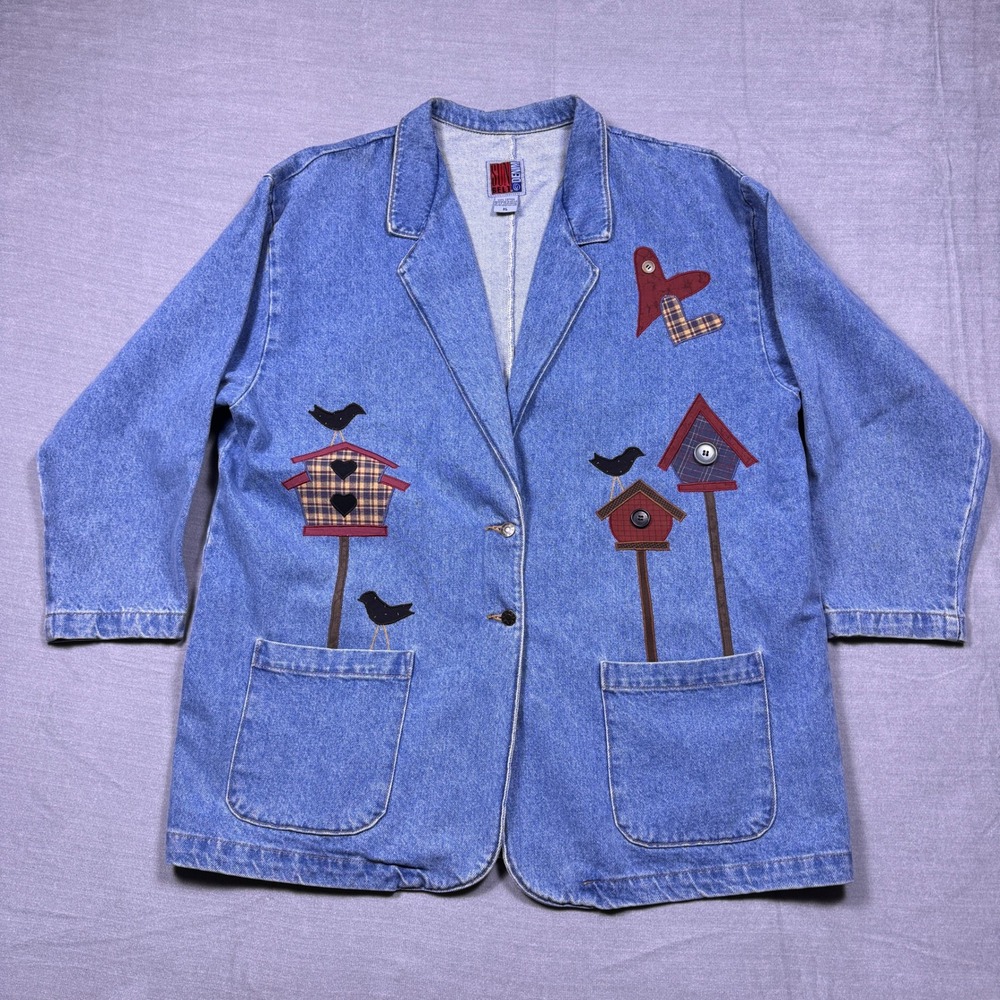 VTG Sun Belt Denim Blazer XL‎ Birdhouse Applique Jean Jacket Womenswear Coat